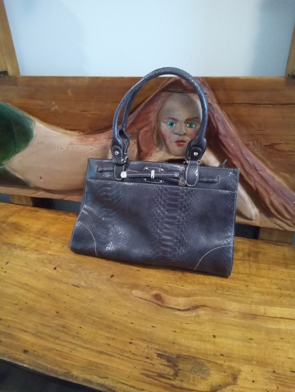 Vintage Liz Claiborne Brown Snakeskin Faux Leather Top Handle Satchel Bag